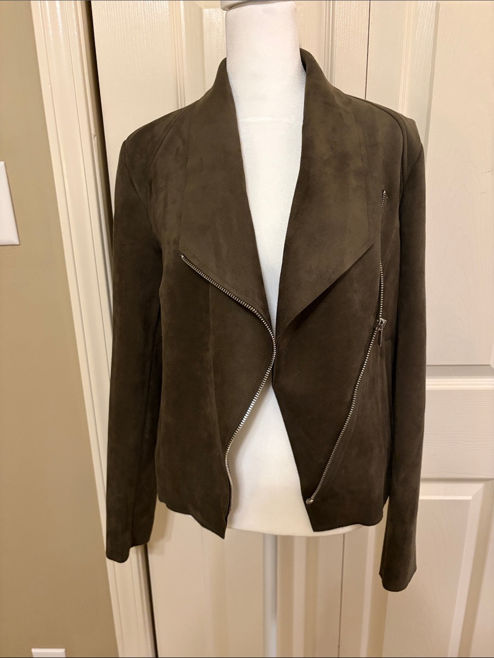 Tahari Olive Suede Asymmetrical Zip Jacket